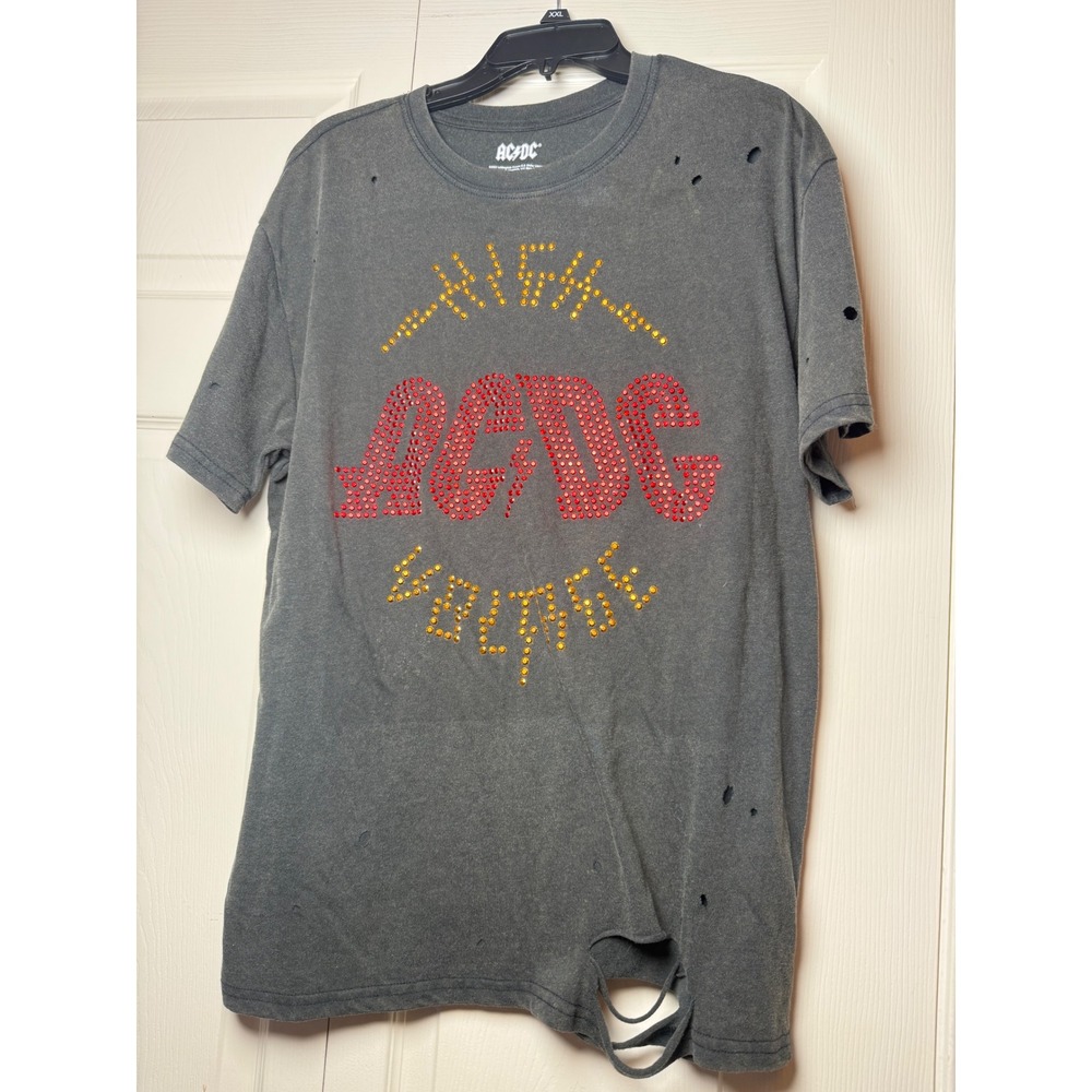 ACDC High Voltage‎ Distressed Rhinestone Graphic T-Shirt Charcoal Grey Medium